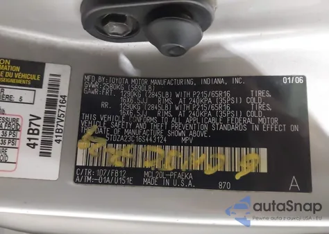 2006 Toyota Sienna Ce z USA, uszkodzony, nr VIN 5TDZA23C16S443124